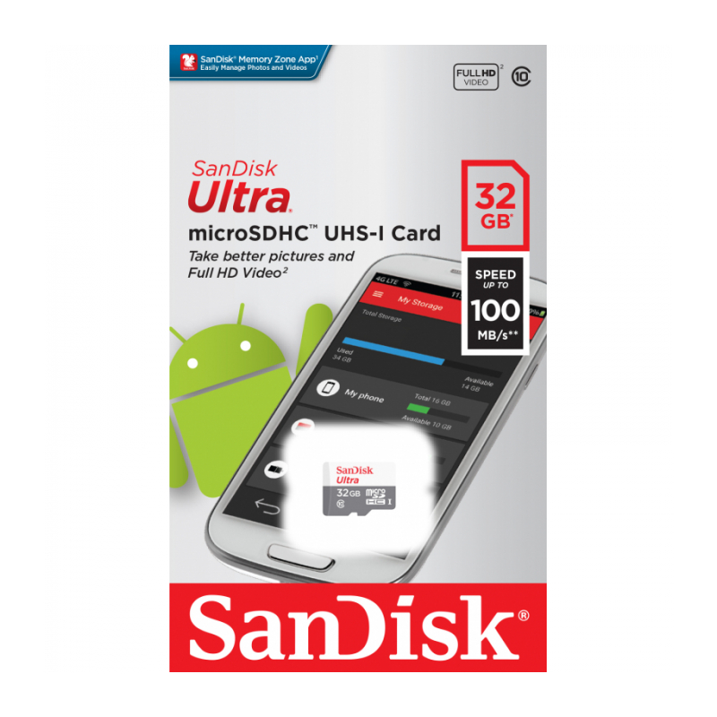 Карта памяти Sandisk Ultra microSDHC Class 10 UHS-I 32Gb (100/10 MB/s) SDSQUNR-032G-GN3MN