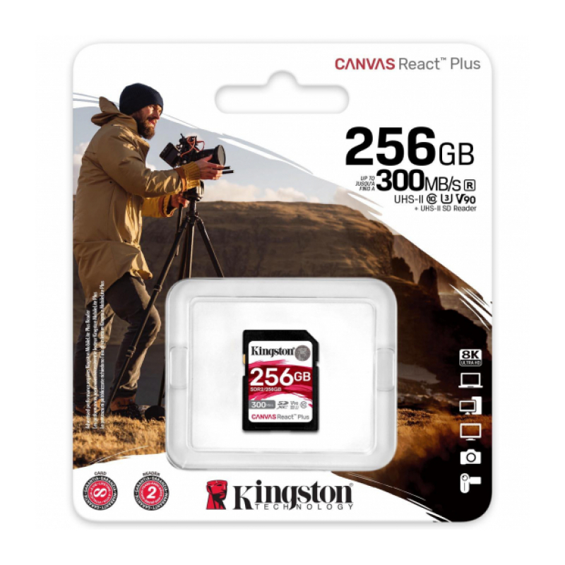 Карта памяти 256Gb Kingston Canvas React Plus SDXC UHS-II U3 V90 (300/260 Mb/s) SDR2/256GB
