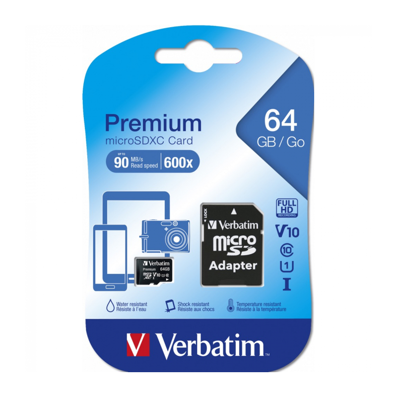 Карта памяти Verbatim microSDXC Class 10 90/10 MB/S 64GB  + SD adapter